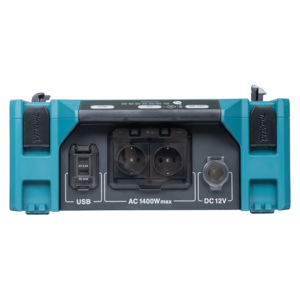 Convertidor de corriente Makita BAC01 - 1400 W, doble aislamiento, 2 tomas AC y USB