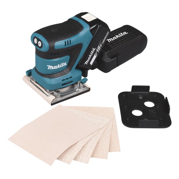 Lijadora orbital Makita DBO482RTJ - 18V, freno eléctrico, recogida de polvo, empuñadura ergonómica Lijadora orbital Makita DBO482RTJ - 18V, freno eléctrico, recogida de polvo, empuñadura ergonómica