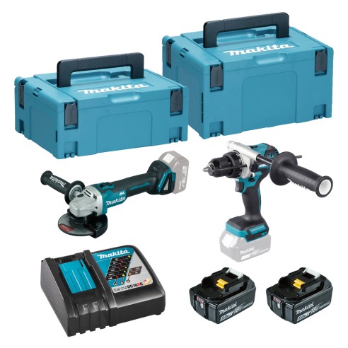 Kit combinado Makita DLX2413TJ - Taladro sin escobillas y miniamoladora - 2 baterías 5Ah y maletín