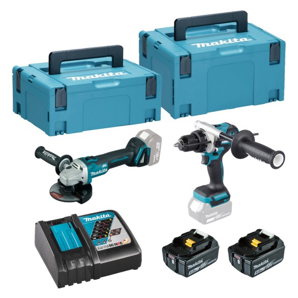 Kit combinado Makita DLX2413TJ - Taladro sin escobillas y miniamoladora - 2 baterías 5Ah y maletín
