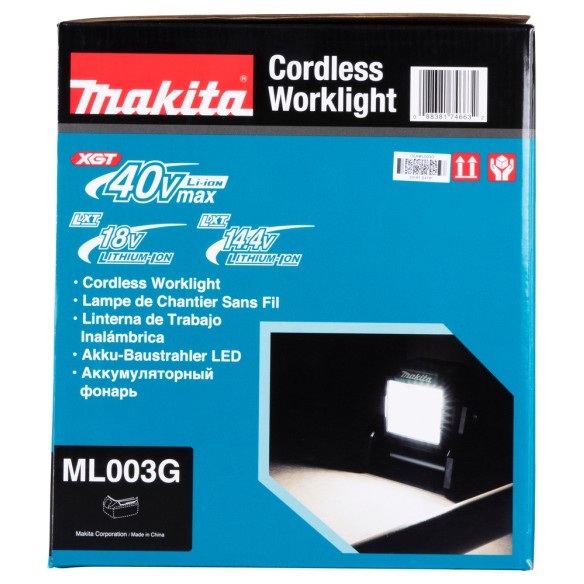 Foco de trabajo LED Makita ML003GZ - 18V/40Vmax, 1100 lm, IP65, batería XGT® - Solo cuerpo (Sin batería ni cargador ni maletín) Foco de trabajo LED Makita ML003GZ - 18V/40Vmax, 1100 lm, IP65, batería XGT® - Solo cuerpo (Sin batería ni cargador ni maletín)