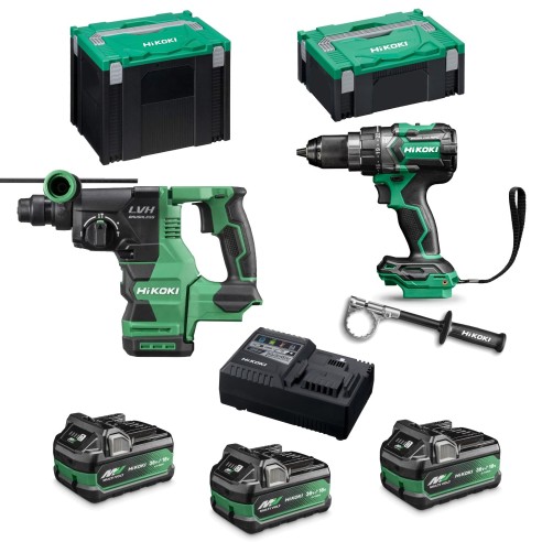 Pack Hikoki 18 V - Taladro Percutor DV18DC + Martillo DH1826DA + 3 Baterías y Cargador