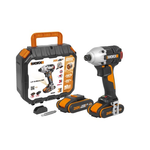 WORX Atornillador de Impacto 20 V Máx PowerShare - 1 batería 2Ah, cargador y maletín - Control variable de velocidad - reversibl