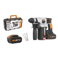 WORX, Martillo sds-plus Brushless 3 funciones 2,2J 20 V Worx, PowerShare, WX380, Incluye 2 baterías 4 Ah, Cargador y maletín, Mo