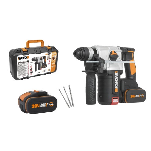 WORX, Martillo sds-plus Brushless 3 funciones 2,2J 20 V Worx, PowerShare, WX380, Incluye 2 baterías 4 Ah, Cargador y maletín, Mo