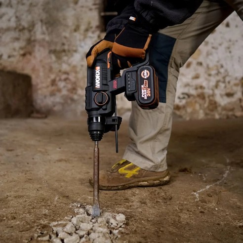 Martillo Combinado SDS-PLUS a Bateria WORX WX381 - 2J - Brushless - 20V - Incluye 1 Batería 4Ah, Cargador y Maletín