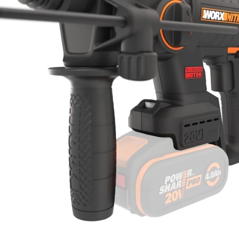 Martillo ligero 20V Worx | PowerShare | WX381.9 | No incluye batería ni cargador | SDS-Plus motor sin escobillas | Caja de cartó