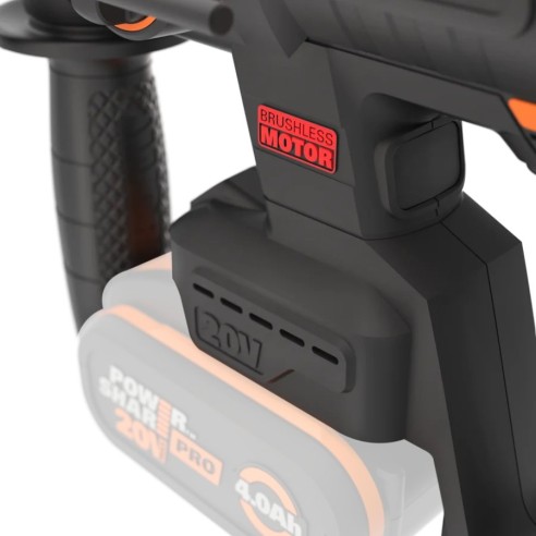 Martillo ligero 20V Worx | PowerShare | WX381.9 | No incluye batería ni cargador | SDS-Plus motor sin escobillas | Caja de cartó