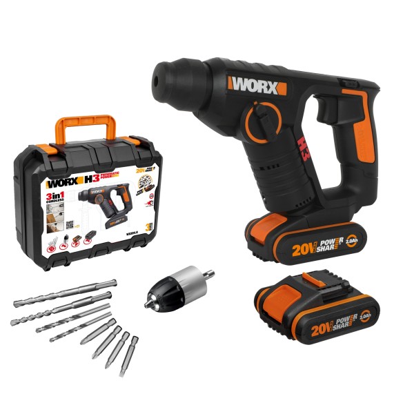 Martillo, Taladro y Atornillador a Batería Worx H3 - WX394.6 - 1,5J - 20V - Incluye 2 Baterías 2Ah, Cargador y Maletín
