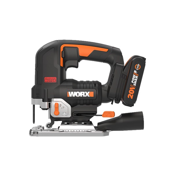 Sierra de calar 20V Worx | Power Share| WX542  Potente motor sin escobillas |1 batería de 2Ah, cargador y maletín | 3 posiciones