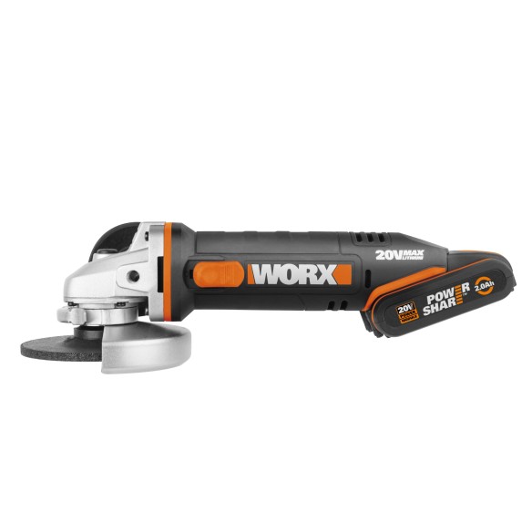 Amoladora angular a batería Worx  WX800 - 115mm - PowerShare 20V Máx.- Incluye 2 baterías 2Ah, cargador y maletín