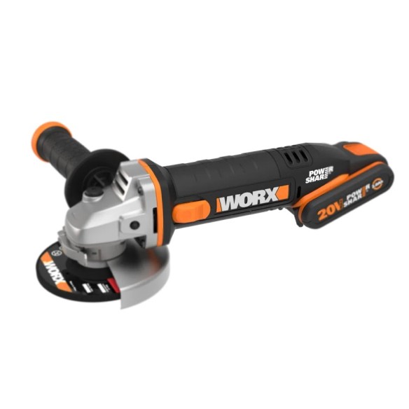 Amoladora angular a batería Worx  WX800 - 115mm - PowerShare 20V Máx.- Incluye 2 baterías 2Ah, cargador y maletín
