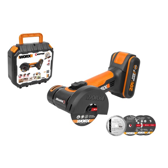 Amoladora angular compacta a batería Worx WX801 - 76mm - PowerShare 20V - Incluye 1 batería 2Ah, cargador, protector ajustable