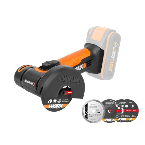 WORX WX801.9 | Mini Amoladora Chopper 20 V Máx. | Worx | PowerShare | Sin batería ni cargador | Ajuste rápido del protector de d