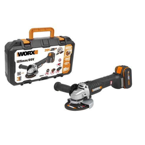 Amoladora Brushless a batería 125mm 20V Worx | PowerShare | WX812 | Incluye 1 batería 4Ah, cargador y maletín | Motor sin escobi