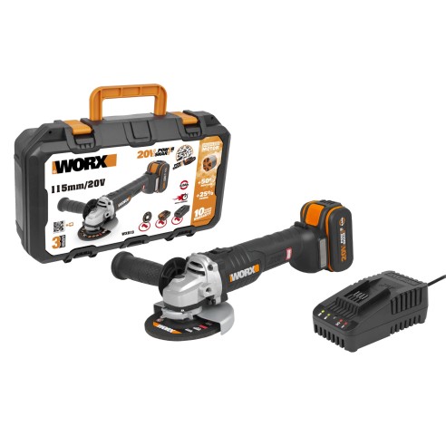 Amoladora angular Brushless a batería 115mm 20V Worx | PowerShare | WX813 | Incluye 1 batería 4Ah, cargador y maletín | Motor si