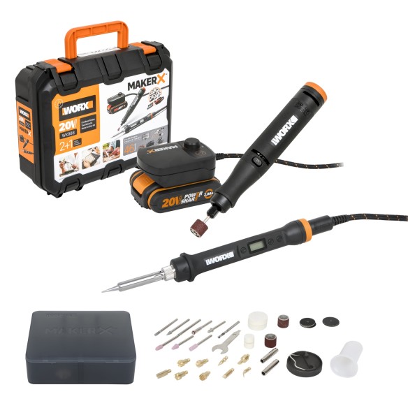 Kit MakerX Herramienta rotativa + soldador 20V Worx | PowerShare | WX988 - 1 batería de 2Ah con indicador, 1 cargador  Kit MakerX Herramienta rotativa + soldador 20V Worx | PowerShare | WX988 - 1 batería de 2Ah con indicador, 1 cargador