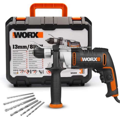 Taladro percutor 810W | Worx | WX318 | 3.000 r.p.m |  48.000 i.p.m | portabrocas de 13mm | control de velocidad variable | Inclu