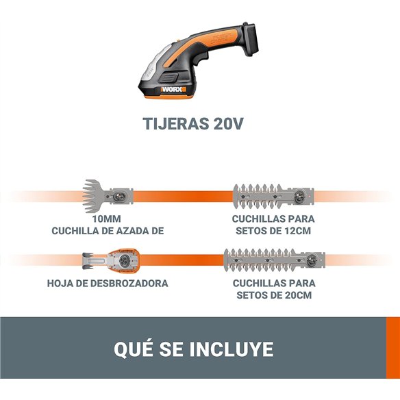 Cortasetos de mano 20V Máx. Worx | PowerShare | WG801E.91 | No incluye batería ni cargador | Multifunción , tijera de césped, Az