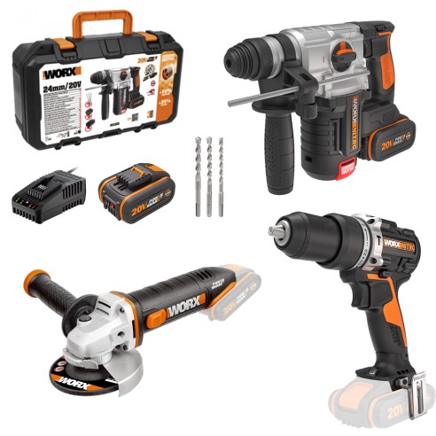 Pack Worx Batería Martillo WX380 + Amoladora + Taladro