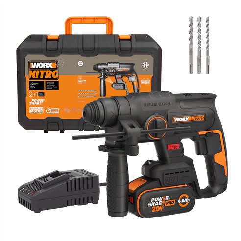 Martillo Combinado SDS-PLUS a Bateria WORX WX381 - 2J - Brushless - 20V - Incluye 1 Batería 4Ah, Cargador y Maletín