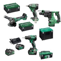 Pack HIKOKI Taladro + Amoladora + Martillo +Atornillador Impacto + 3 Baterías + Cargador con Maletines