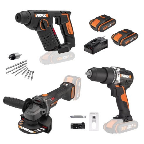 Pack Worx Taladro Percutor + Martillo, Taladro, Atornillador + Amoladora Pack Worx Taladro Percutor + Martillo, Taladro, Atornillador + Amoladora