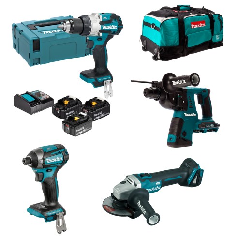 Pack Makita Taladro Combinado + Miniamoladora + Martillo Ligero + Atornillador de Impacto + Trolley de Regalo