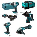 Pack Makita Taladro Combinado + Miniamoladora + Martillo Ligero + Atornillador de Impacto + Trolley de Regalo
