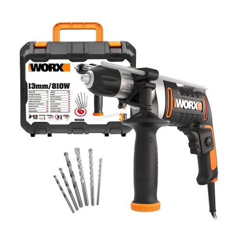 Worx WX328 – Taladro percutor con cable 800W, portabrocas 13 mm, ligero y equilibrado, incluye accesorios