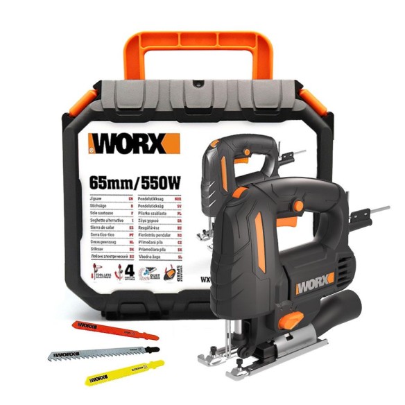Worx WX463 – Sierra de calar 550W, 4 posiciones pendulares, cambio rápido de cuchillas, incluye maletín y accesorios