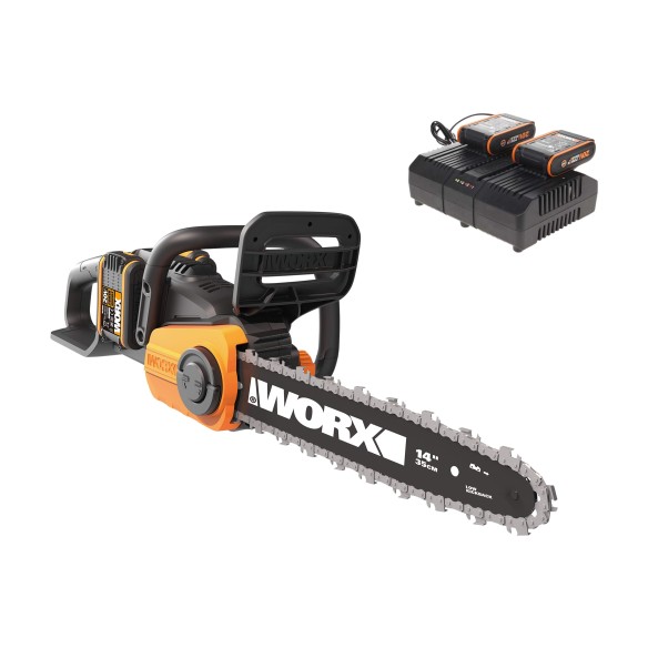 Worx WG384E – Motosierra a batería 40V (2x20V), motor sin escobillas, espada 35 cm, incluye 2 baterías 2,0Ah y cargador