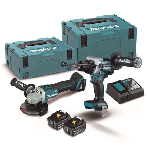 Kit Combo Makita DLX2552TJ 18V | Taladro Combinado DHP492 | Miniamoladora DGA504 125 mm | 2 Baterías 5,0 Ah | Cargador y Makpac