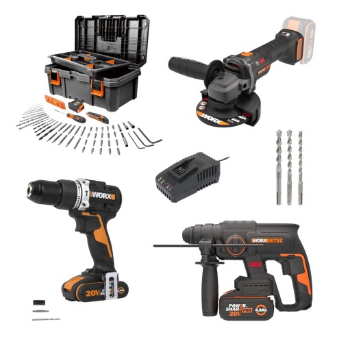 Pack Worx Taladro + Amoladora 115 + Martillo percutor 20V