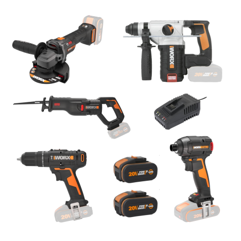 Pack Worx 20V Amoladora + Taladro Percutor + Martillo + Atornillador impacto + Serra sable