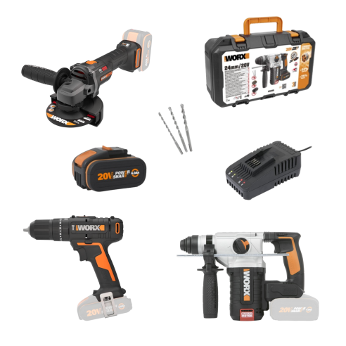 Pack Worx 20V Amoladora + Taladro Percutor + Martillo Combinado