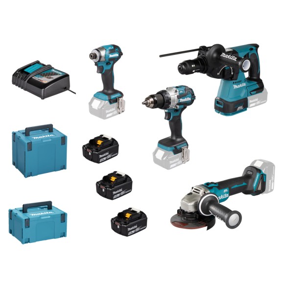 Kit Combo 4 Máquinas Makita 18V Brushless | DLX4195JX1 | 3x 5,0Ah + DC18RC + Makpac 3+4