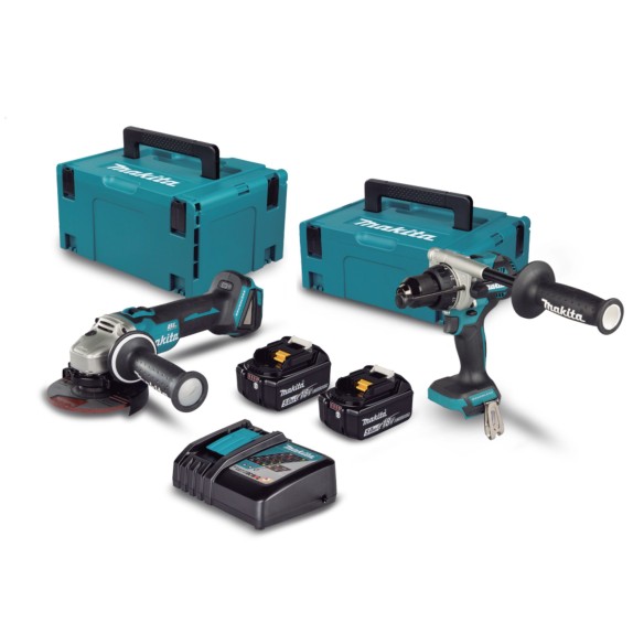 Kit Combo 18V LXT Makita DLX2552TJ | Taladro Percutor y Amoladora 125 mm | 2x 5,0Ah + Cargador | Makpac