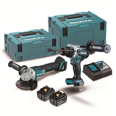Kit Combo 18V LXT Makita DLX2552TJ | Taladro Percutor y Amoladora 125 mm | 2x 5,0Ah + Cargador | Makpac