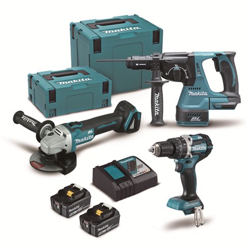 Kit Combo 3 Máquinas Makita 18V Brushless | DLX3196JX1 | 2x 5,0Ah + DC18RC + Makpac 2+4