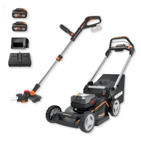 Pack Cortacésped con Tracción y Cortabordes Worx 40V 2x20V | WG749E + WG183E.9 | 2 Baterías 4,0 Ah + Cargador Doble