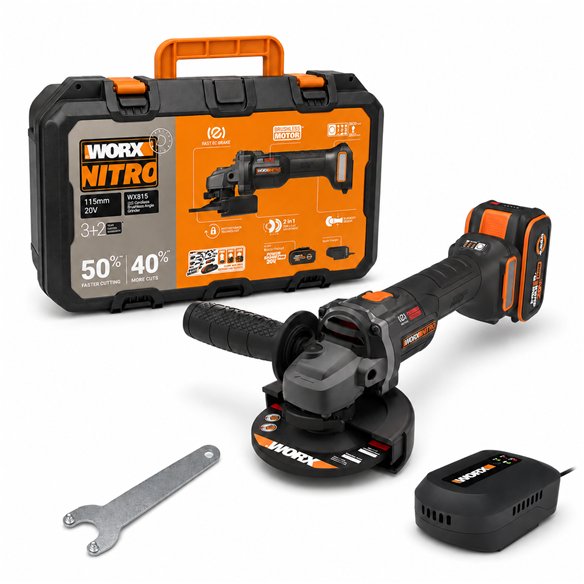 Amoladora Worx WX815 20V Brushless | Disco 115 mm | 3 Velocidades | 1 Batería 4,0 Ah + Cargador