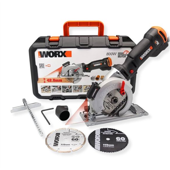 Sierra circular WorxSaw XL 46mm, 800W Worx | WX437 | Guía láser, sistema de aspiración integrado, rápido ajuste de profundidad,