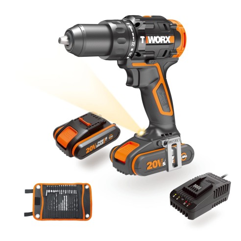 Taladro Percutor Brushless 20V 60 Nm WORX | WT350.1 | 2 baterías 2 Ah + 30 accesorios y maletín