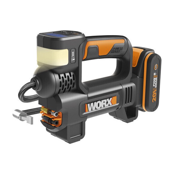 Inflateur et lampe 20V Worx | PowerShare | WX092-1 batterie 2Ah et chargeur | 4 Fonctions, lumière LED | Embouts de gonflage pou