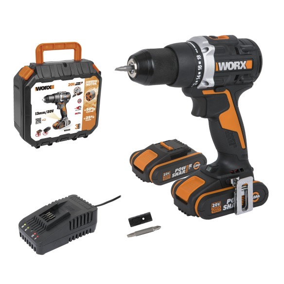 Perceuse Visseuse Brushless 20V Worx WX102 - 2 batteries 2Ah, chargeur et Coffret | moteur sans balais
