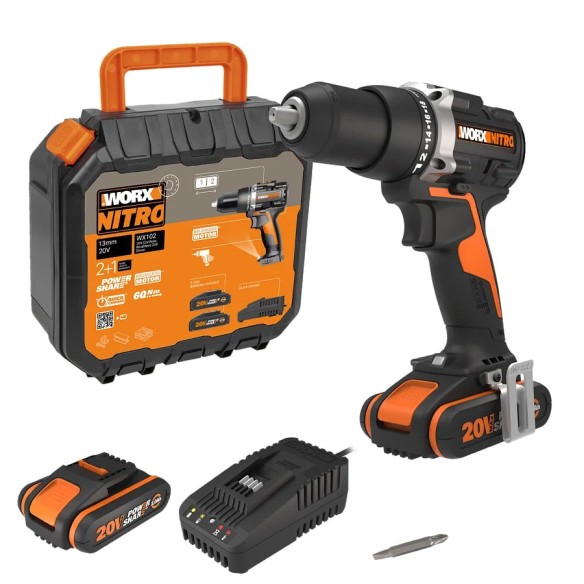 Perceuse Visseuse Brushless 20V Worx WX102 - 2 batteries 2Ah, chargeur et Coffret | moteur sans balais