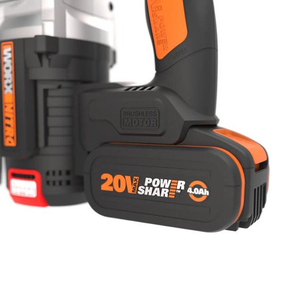 Marteau combiné SDS-PLUS sans-fil WORX WX380 - 2,2J - Brushless - 20V - Comprend 2 batteries 4Ah, chargeur et Coffret