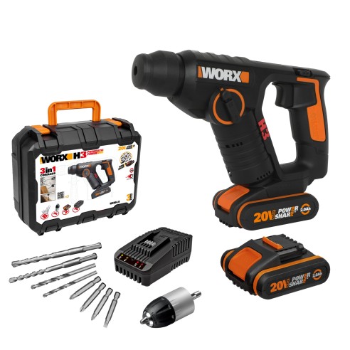 Marteau, Perceuse et Visseuse à Batterie Worx H3 - WX394.6 - 1,5J - 20V - Inclut 2 Batteries 2Ah, Chargeur et Coffret