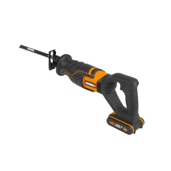 WORX WX500 Scie sabre 20V PowerShare, Batterie 2Ah, Contrôle de vitesse variable, Changement de lames sans outils, Pat